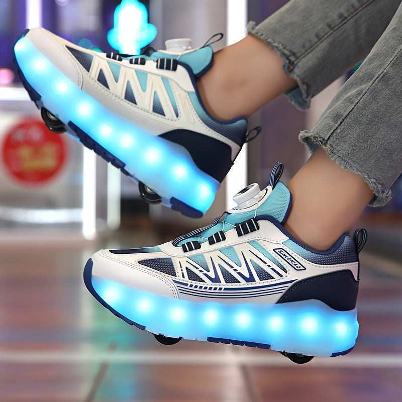 Youth Skate Shoes with LED Lights, Four-Wheel Detachable, Street Fashion, Trendy Style, Random Pattern, All-Season, Sports and Outdoor Scene, Roller Skating, Rotary Buckle Closure, Breathable and Adjustable Brightness, Upper,