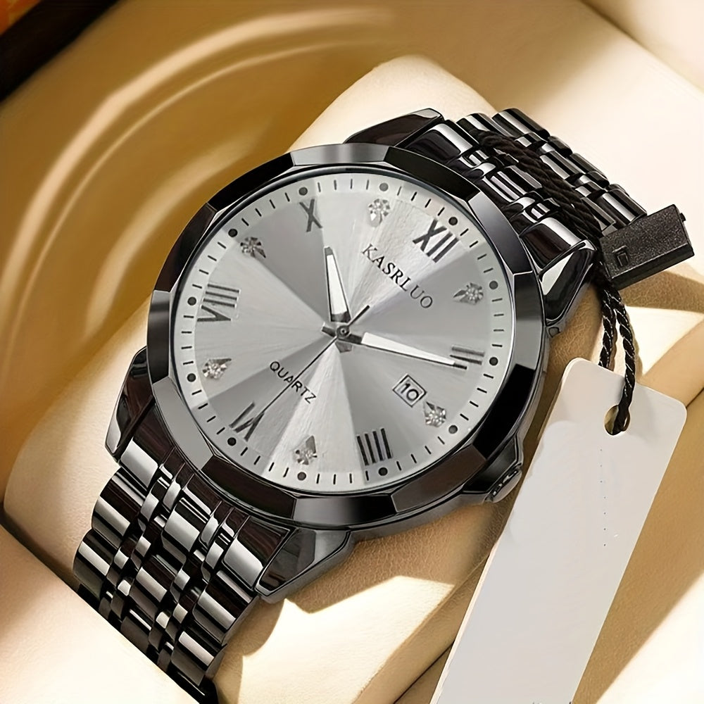 KASRLUO Men's Elegant Stainless Steel Watch with Crystal Roman Numerals & Date Display - Business Style, Quartz Movement