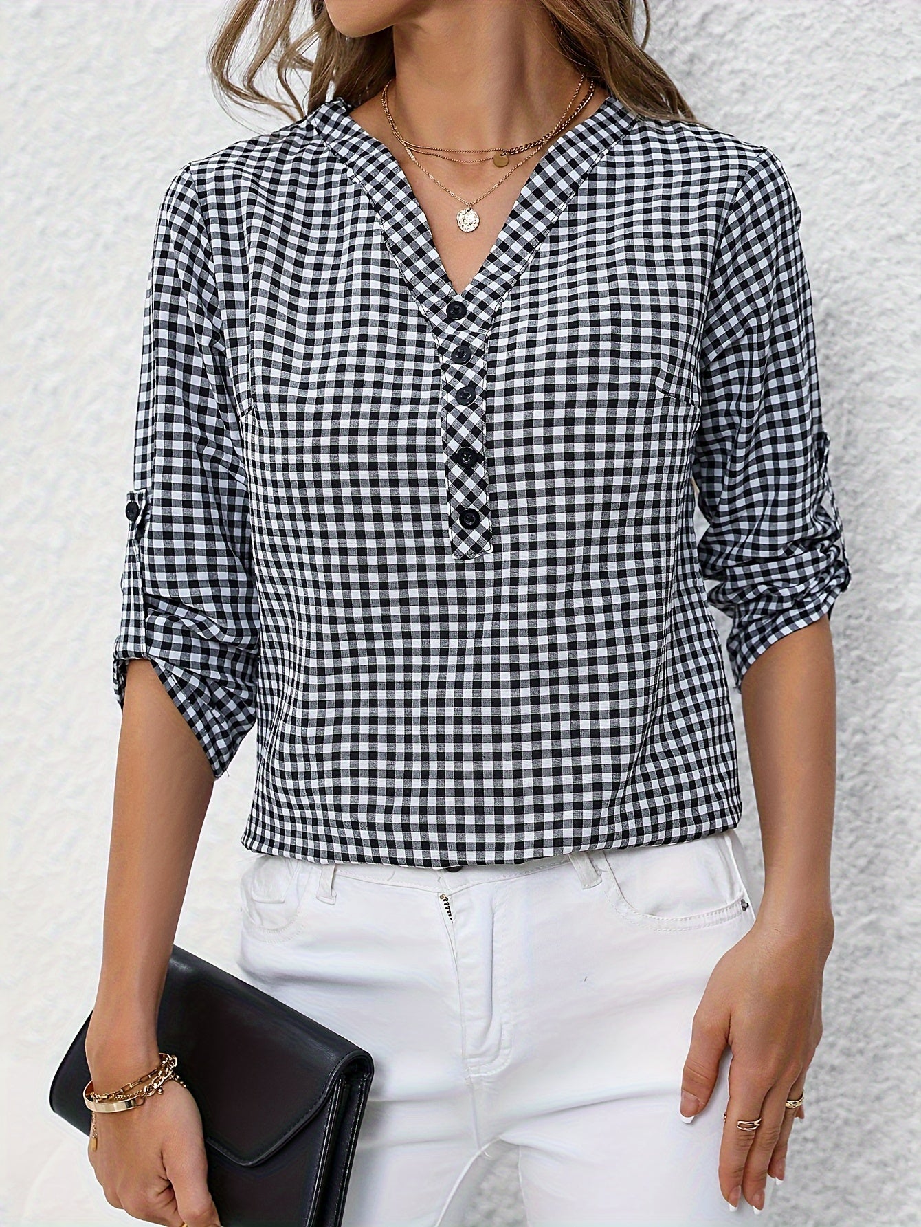 Women'S Casual Yellow & White Plaid Button-Up Shirt - Polyester, V-Neck, Long Sleeves, Casual Wear, Casual Wear|Plaid Pattern|Polyester Fabric