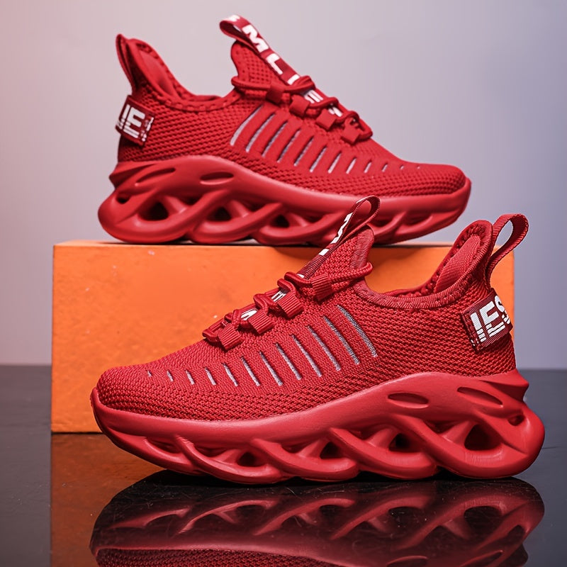 Youngsters' Breathable Knit Sneakers - Lightweight Running Sneakers with Striped Design, EVA Sole & Lace-Up Closure for Boys & Girls | All-Season Outdoor Sports & Casual Wear (Red), Big Kid Shoes, Everyday Youngsters's Footwe