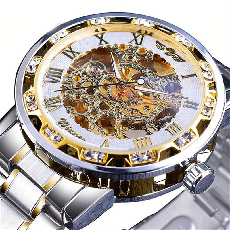 Fashion Classic Roma Watch Men Luxury Golden Skeleton Mechanical Hand Watches Casual Business Wristwatches Men Blue & Golden Accents, Casual Yet Versatile, Best Seller, Ideal Gift, Mechanical Movement, Watch Accessories, With