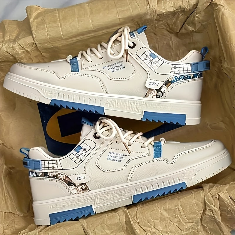 Men's Skate Shoes with Good Grip & Breathable Design - PU Upper, Cushioned PVC Sole, Black/Blue Letter Pattern Lace-Up Sneakers for All-Season Casual & Sports Wear, Allseason Shoes | Modern Casual Shoes | Comfortable Wear