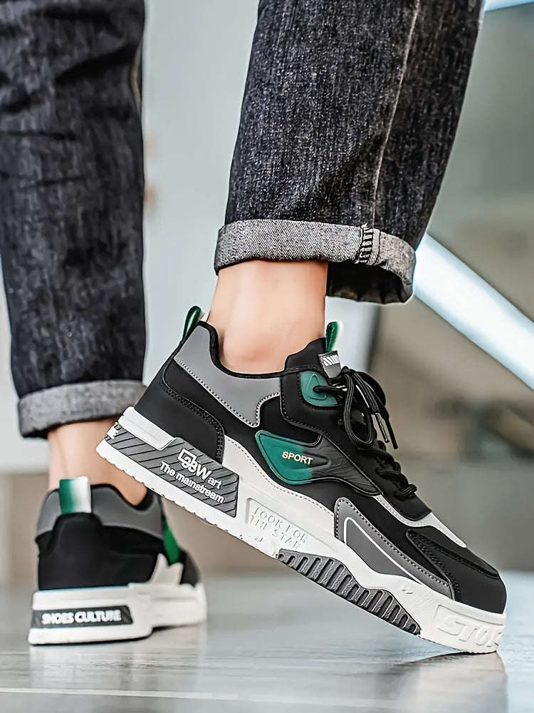 Men's Low-Top Skate Sneakers - Black with Teal Accents, PU Upper & PVC Sole, Slip-Resistant Comfortable Lace-Up Shoes for Urban Streetwear, Outdoor Sports, All-Season Casual Wear, Skate Shoes, Modern Street Style, Durable Fab