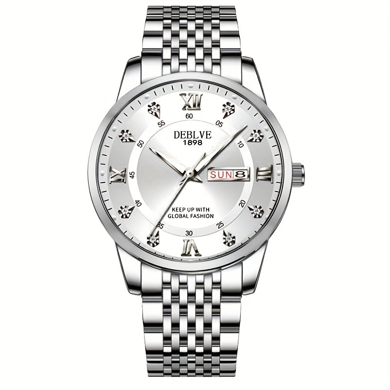 1pc Men'S Business Style Roman Dial Quartz Watch with Luminous Date and Day Display, Stainless Steel Alloy Strap, IPX7 Waterproof, Battery Operated, Elegant Fashion Accessory + Box