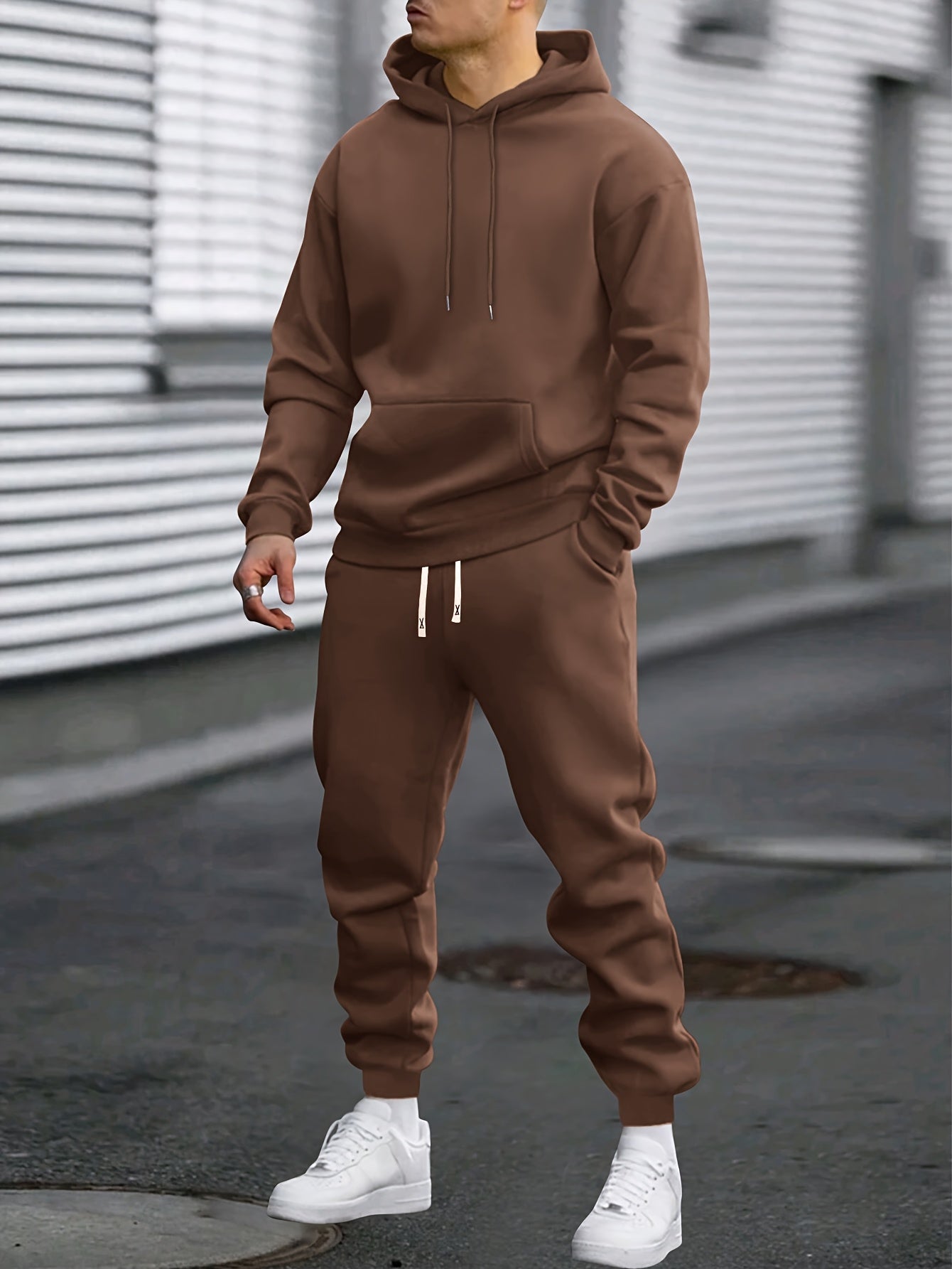 1set Men'S Casual Sports Suit, Polyester Hooded Sweatshirt and Jogger Pants Set, Solid Color, Elastic Waist, Cuffed Ankles, Knit Pullover with Pockets, Regular Fit for Outdoor Running and Jogging - Spring/Autumn Collection