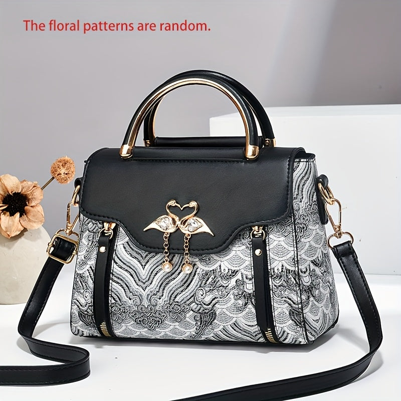 Elegant Floral Embroidered Handbag for Women - Adjustable Strap, Zipper Closure, Polyester Lining, Black & White Floral Pattern, Perfect Gift for Mom Or Family, Small Crossbody Purse, Stylish Accessory, Durable Construction