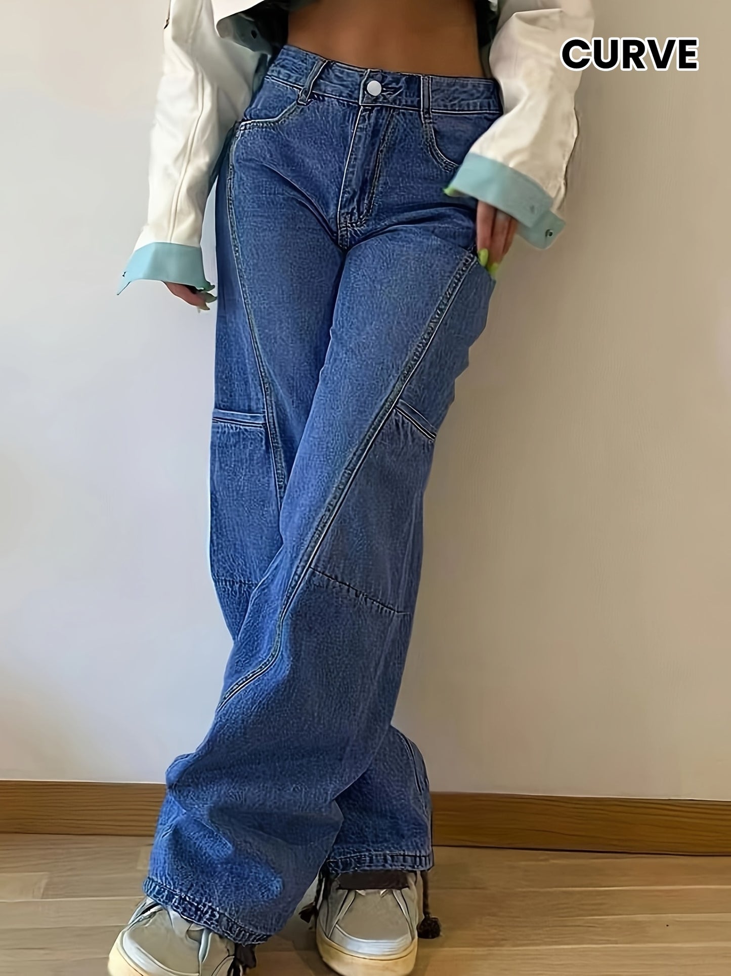 Chic Plus Size կանացի ուղիղ ջինսեր կողային գրպաններով - Comfort Fit ջինս միաձույլ գույնով, լվացվող մեքենայում