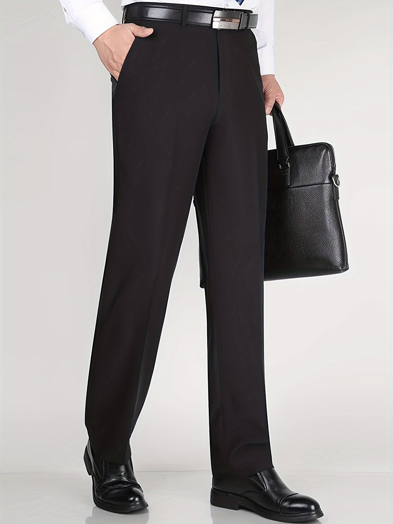 Men's Classic Straight Fit Pants - Lightweight Polyester Blend, High Waist, Button Closure, Suitable for Year-Round Wear