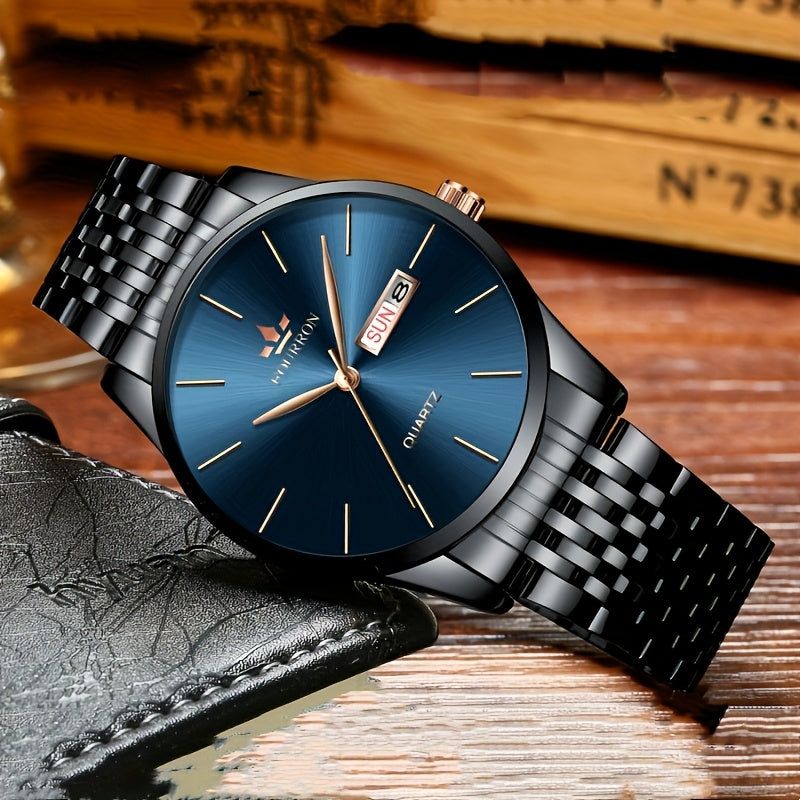 An Ideal Choice For A New FOURRON Brand Men's Luxury Stainless Steel Strap Simple Dial Quartz Watch With Date Calendar, Trendy Fashion Sports Casual Lifestyle Travel Multi-function Watch, Ideal For Friends' Birthdays, Holiday