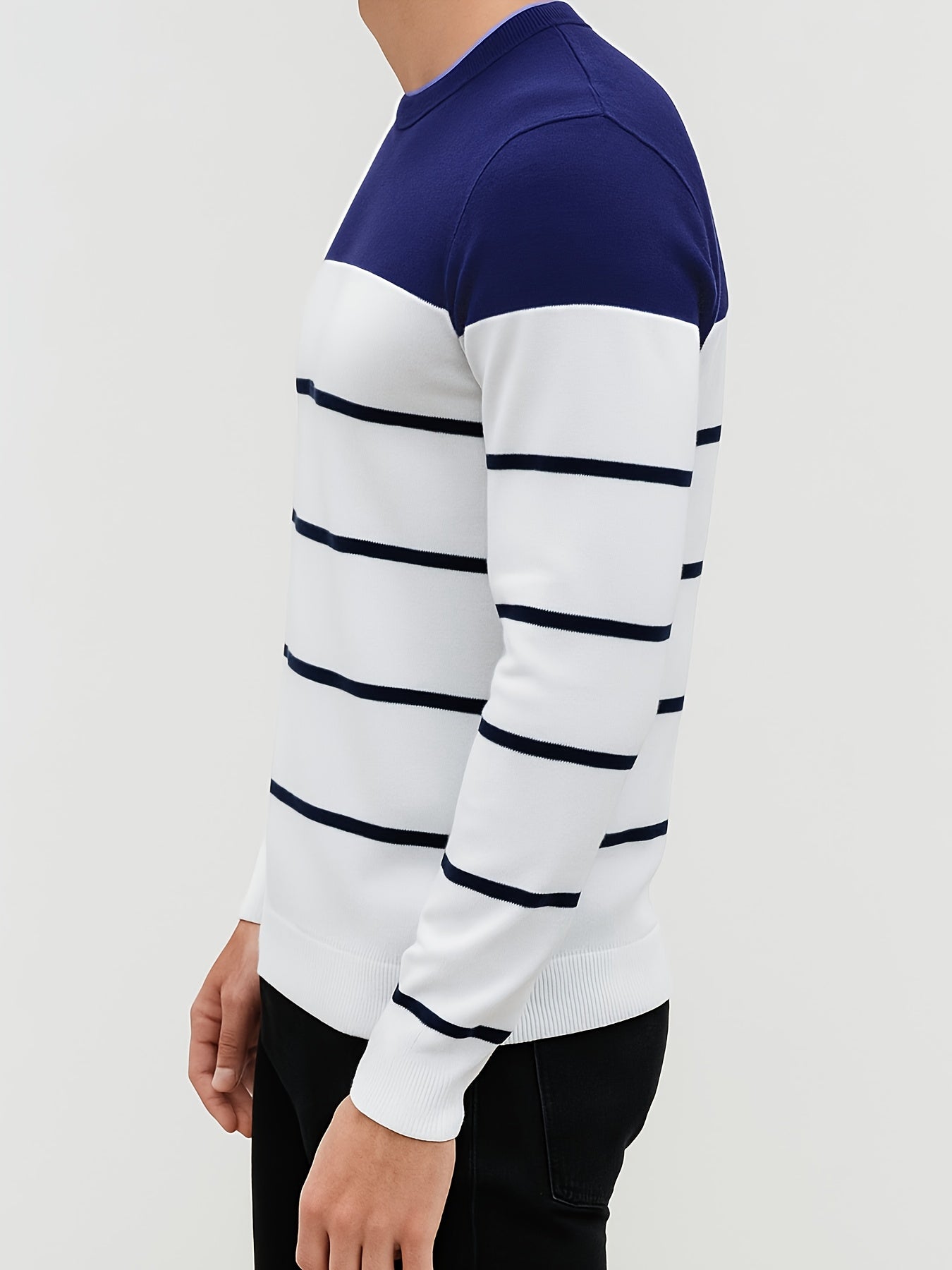 Men's Slim-Fit Striped Knit Sweater - All-Season Business Casual & Casual Attire, Navy Blue/White Horizontal Stripes with Contrast Trim, Round Neck Long Sleeve Pullover, Multi-Color Options (Black/Beige/Light Brown/Navy) - Co