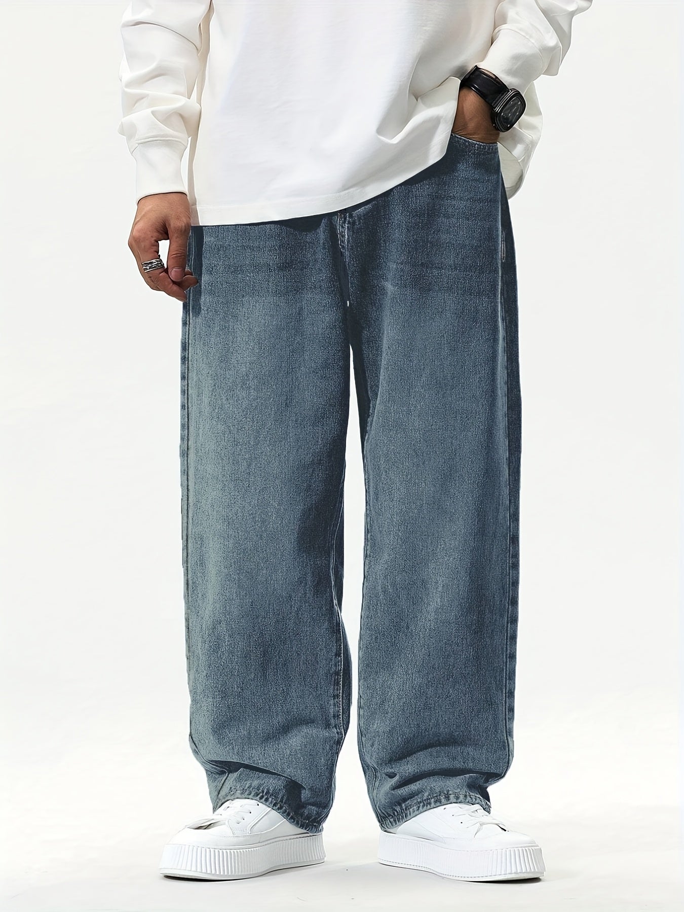 Men'S Casual Loose Fit Denim Jeans, 88.5% Cotton 8.5% Polyester 3% Rayon, All-Season Solid Color Washed Fabric, Regular Length, Non-Stretch Woven Denim Pants