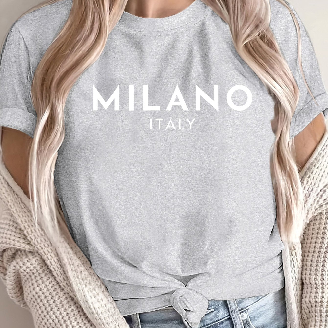 Women'S Casual Polyester T-Shirt with "Milano Italy" Letter Print, Short Sleeve Crew Neck Top, All-Season Knit Fabric Tee, Regular Length - 180gsm