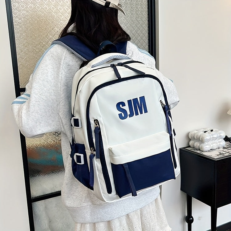 Stylish Unisex Nylon Backpack - Durable Casual Travel & School Bag with Adjustable Straps, White & Blue Design, Lightweight and Spacious for Everyday Use, School Backpack | Contrast Strap Design | Polyester Lined, Travel Back