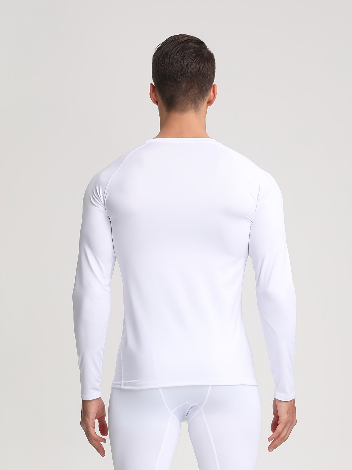 Elite Men's Long Sleeve Athletic Compression Shirt - Quick-Dry, Stretch Fabric, Round Neck, Solid White - Ideal for Gym, Running & Casual Home Wear - Machine Washable, Gym Clothes
