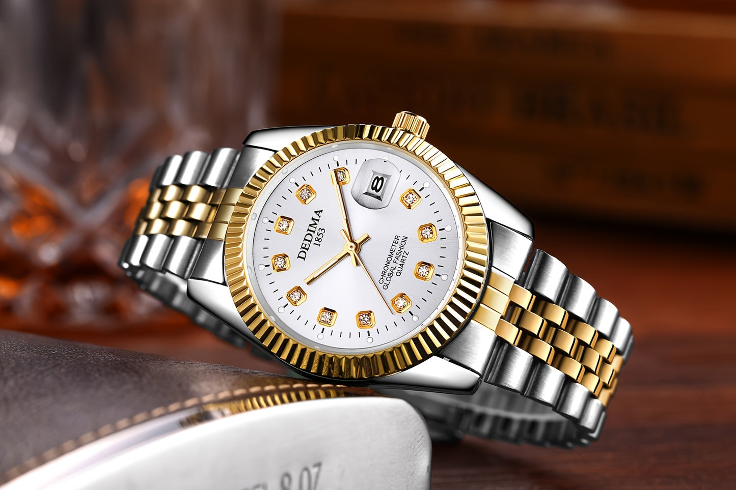 DEDIMA Elegant Stainless Steel Band Calendar Watch, Quartz Movement, Round Dial with Rhinestones, Battery-Powered, Non-Rechargeable Button Battery, Regular Cleaning, for Men, Women, Students, Christmas, Valentine'S Day, Thank