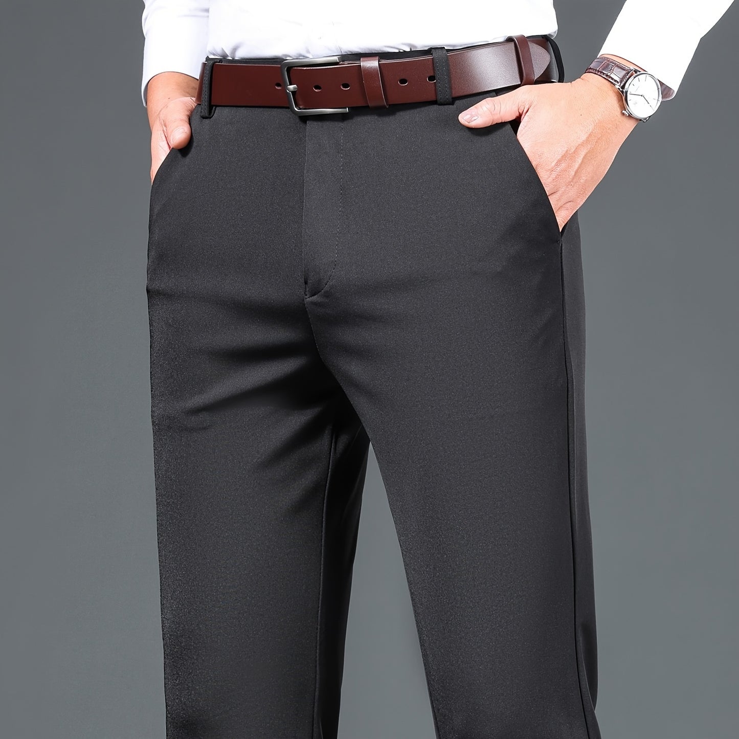 1pc Men'S Warmth Business Casual Pants, Fall/Winter Fleece-Lined Thickened Straight-Leg Trousers with Slant Pockets, Solid Color Knit Fabric Regular Fit Dress Pants with Zipper Closure, Medium Stretch Polyester