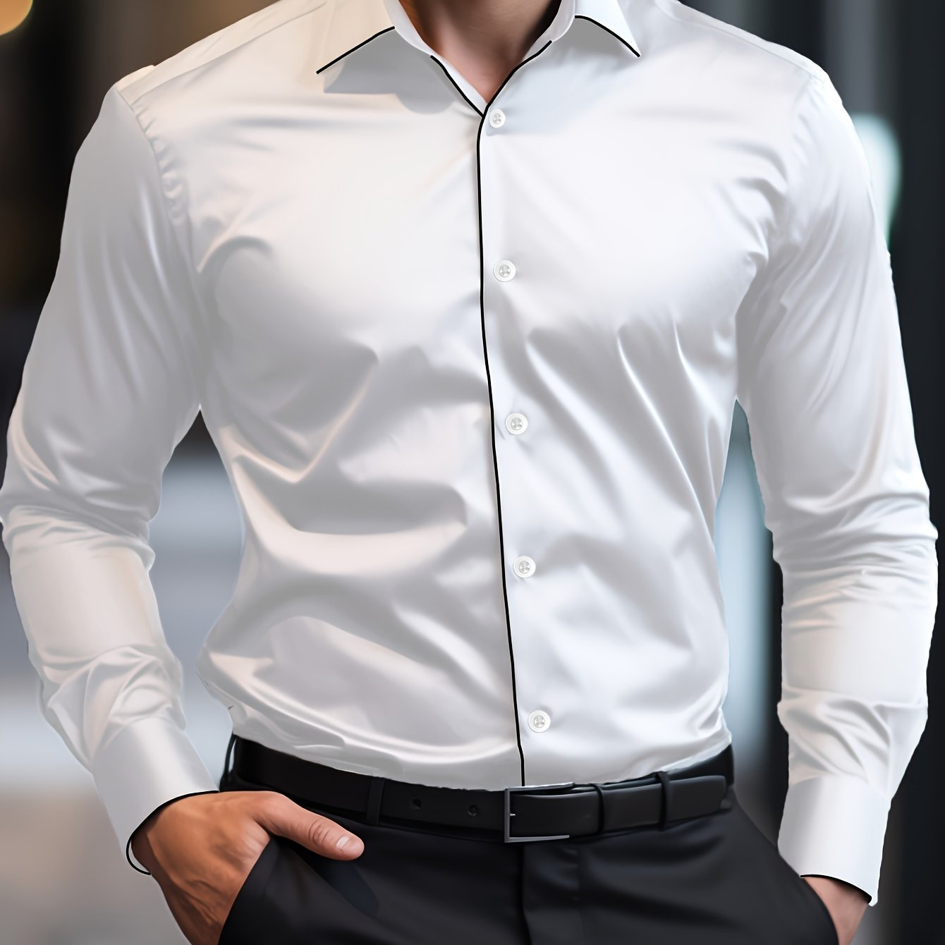 Elegant Men's Solid Color Long Sleeve Dress Shirt with Stylish Contrast Trim - 100% Polyester, Button-Up, Machine Washable - Ideal for Formal & Semi-Formal Occasions