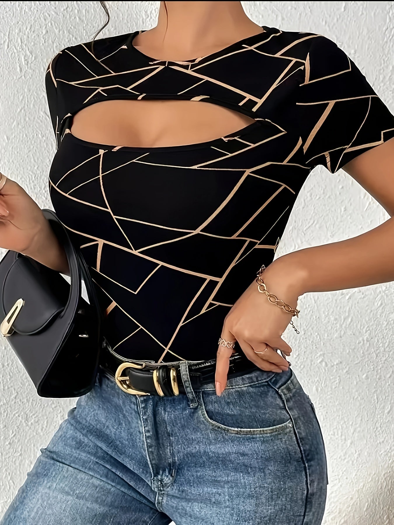 Women's Casual Geometric Diamond Pattern Off-Shoulder T-Shirt - Black & Golden Contrast, Lightweight Breathable Fabric, Machine Washable Spring Summer Tops, Ladies T-shirts, Trendy Outfit, Elegant Neckline, Contrast Detailing