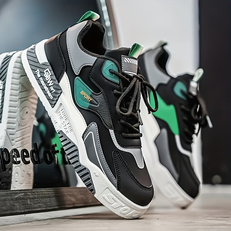 Men's Low-Top Skate Sneakers - Black with Teal Accents, PU Upper & PVC Sole, Slip-Resistant Comfortable Lace-Up Shoes for Urban Streetwear, Outdoor Sports, All-Season Casual Wear, Skate Shoes, Modern Street Style, Durable Fab