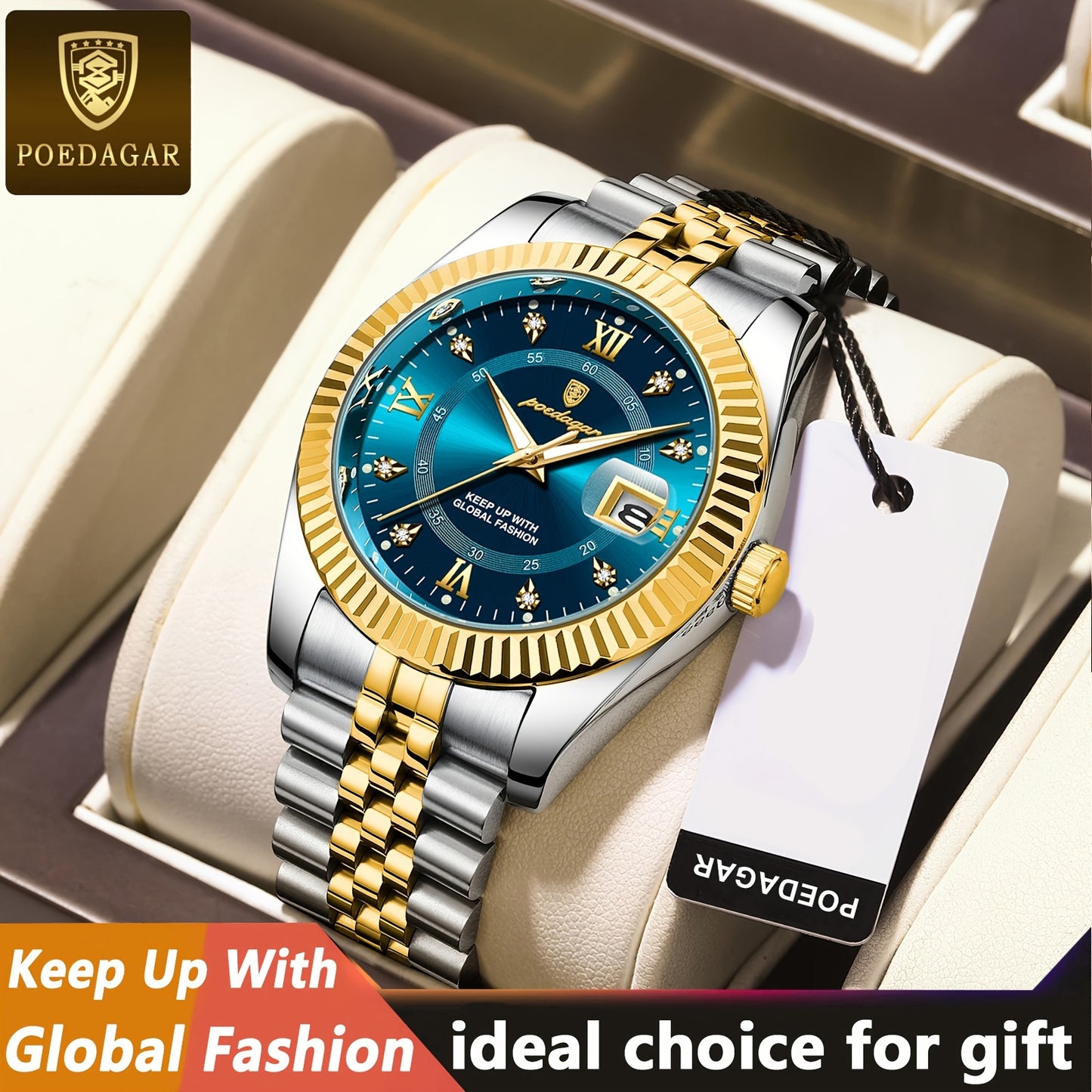 POEDAGAR Luxury Men'S Quartz Watch - Waterproof, Luminous, Stainless Steel Band, Blue & Golden Accents, Date & Week Display, Casual Elegant Timepiece with Backpack Clasp