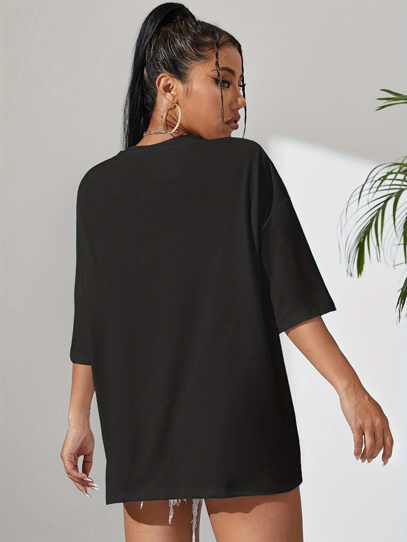 Y2K Retro American Casual Crew Neck T-Shirt, 100% Polyester Knit Fabric, Solid Color, Drop Shoulder Long Sleeve, Medium Stretch Pullover for Spring/Summer/Fall - Fashionable Loose Fit Tee