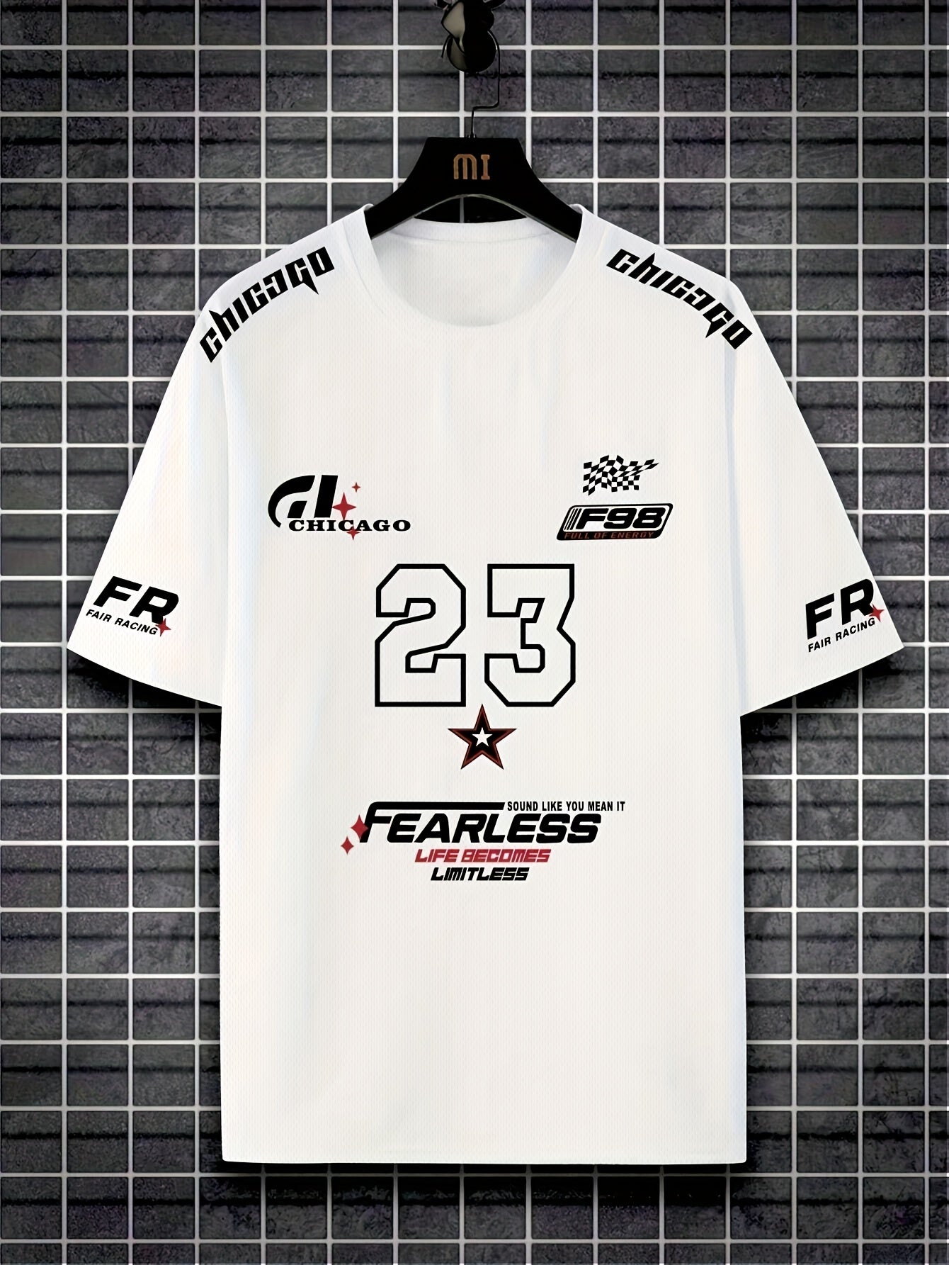 A Men'S Racing Icon #23 3D Print Short-Sleeve T-Shirt - Casual Streetwear, Breathable Sportswear, Round Neck, Summer Fashion Top, Unique Letter Print Design, Made of 100% Polyester, Slightly Stretchy Knitted Fabric, Suitable