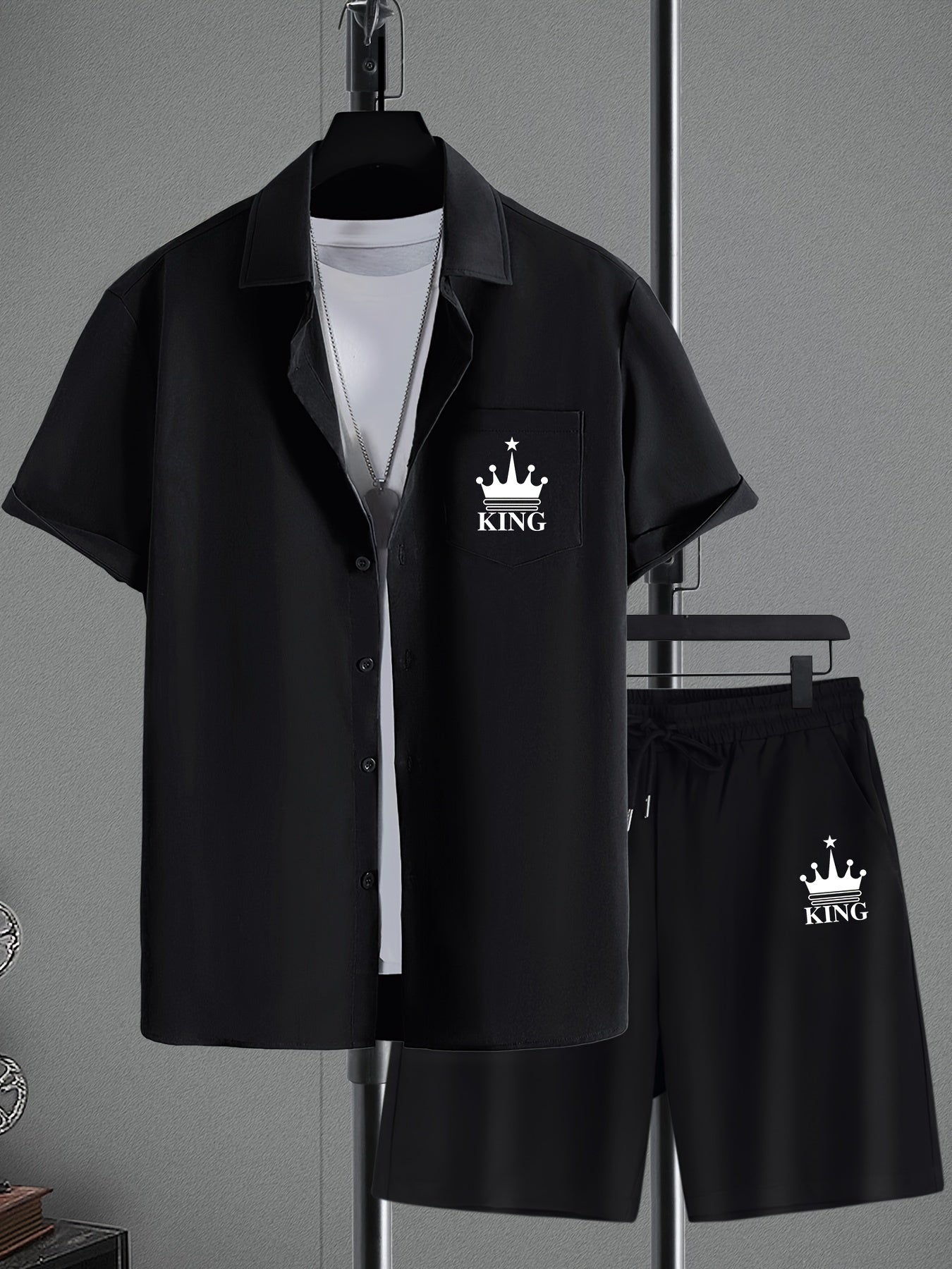Men's Casual Short Sleeve Collar Shorts Printed Fashion Suit