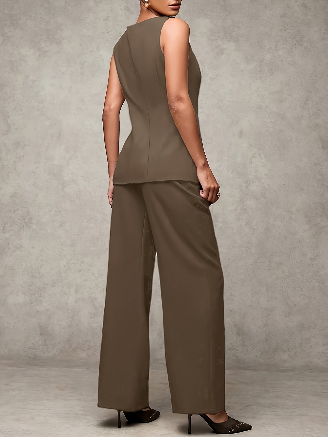Women'S Elegant Two-Piece Office Set - Sleeveless Top with Button Details & Wide-Leg Pants, Black & White Striped, Perfect for Summer & Autumn, Office Attire|Sleeveless Top|Button Detailin