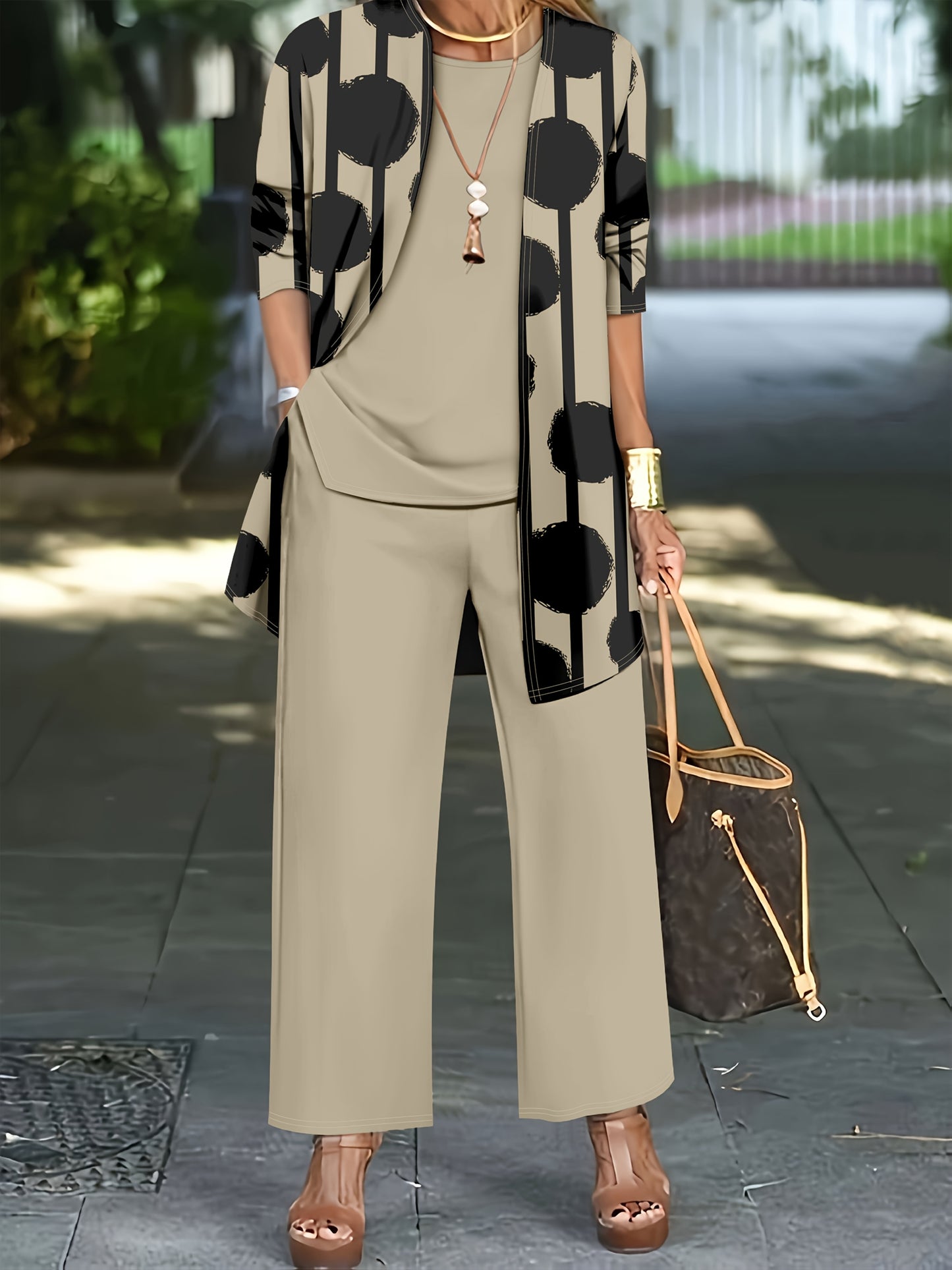 Women'S 3pcs Set, Polka Dot Print Cardigan & Solid Color Vest Casual Pants Daily Outfit