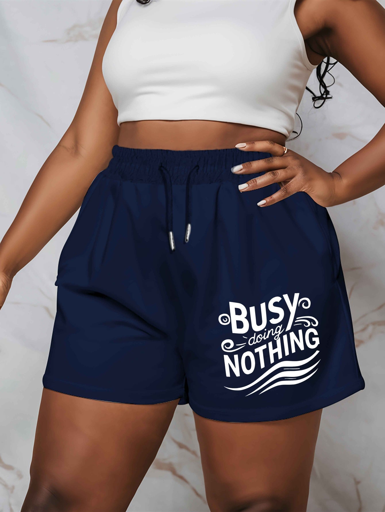 Busy doing nothing 2025 New Plus Size Women'S Shorts Summer Casual Versatile Medium Pants Sports American Trendy Outerwear Extra Large Five-Fifth Pants Summer Beach Pants - Polyester, Casual, Summer, Track Shorts, Slight Stre