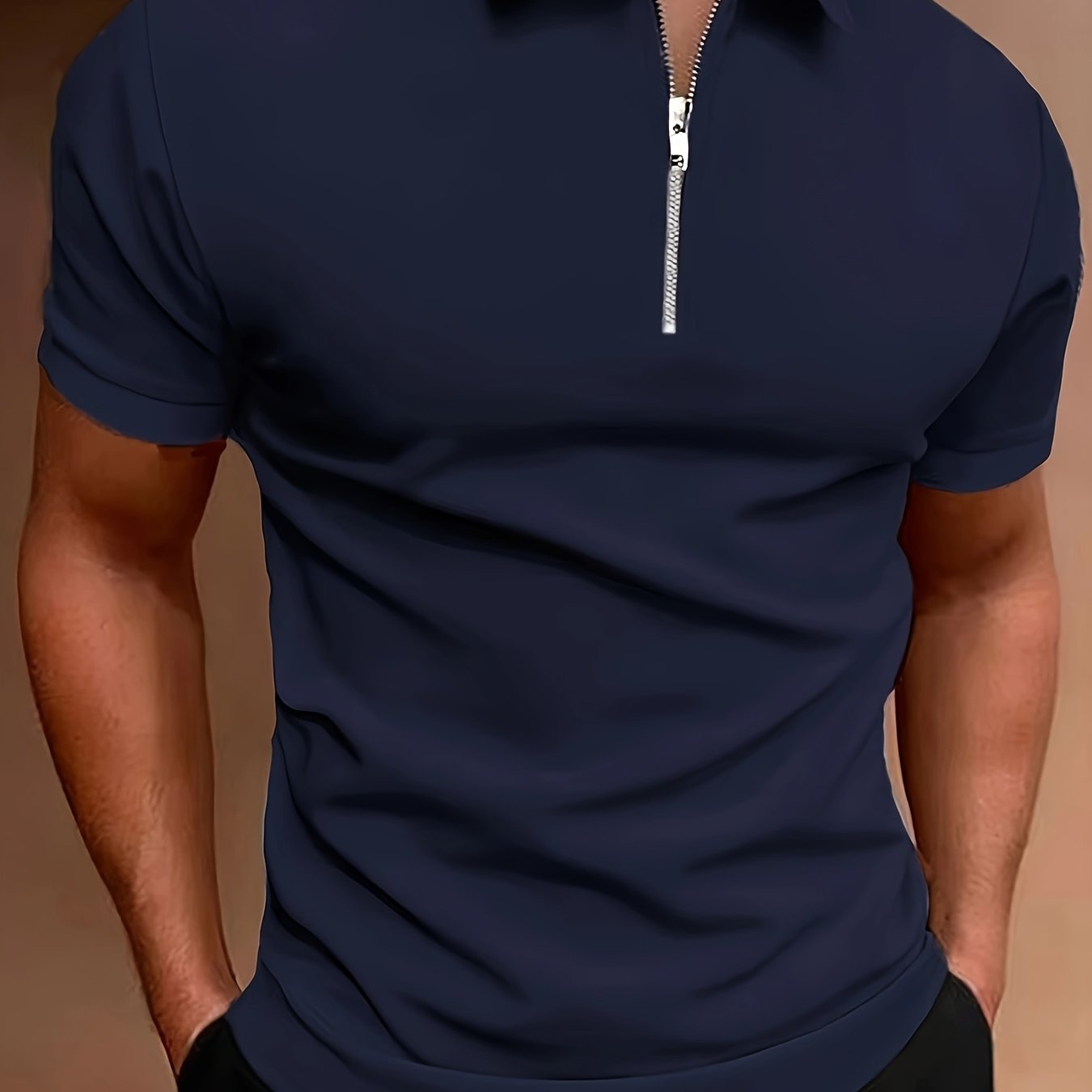 Casual Stretch Men's Solid Color Zipper Lapel Golf Shirt, Male Summer Streetwear
