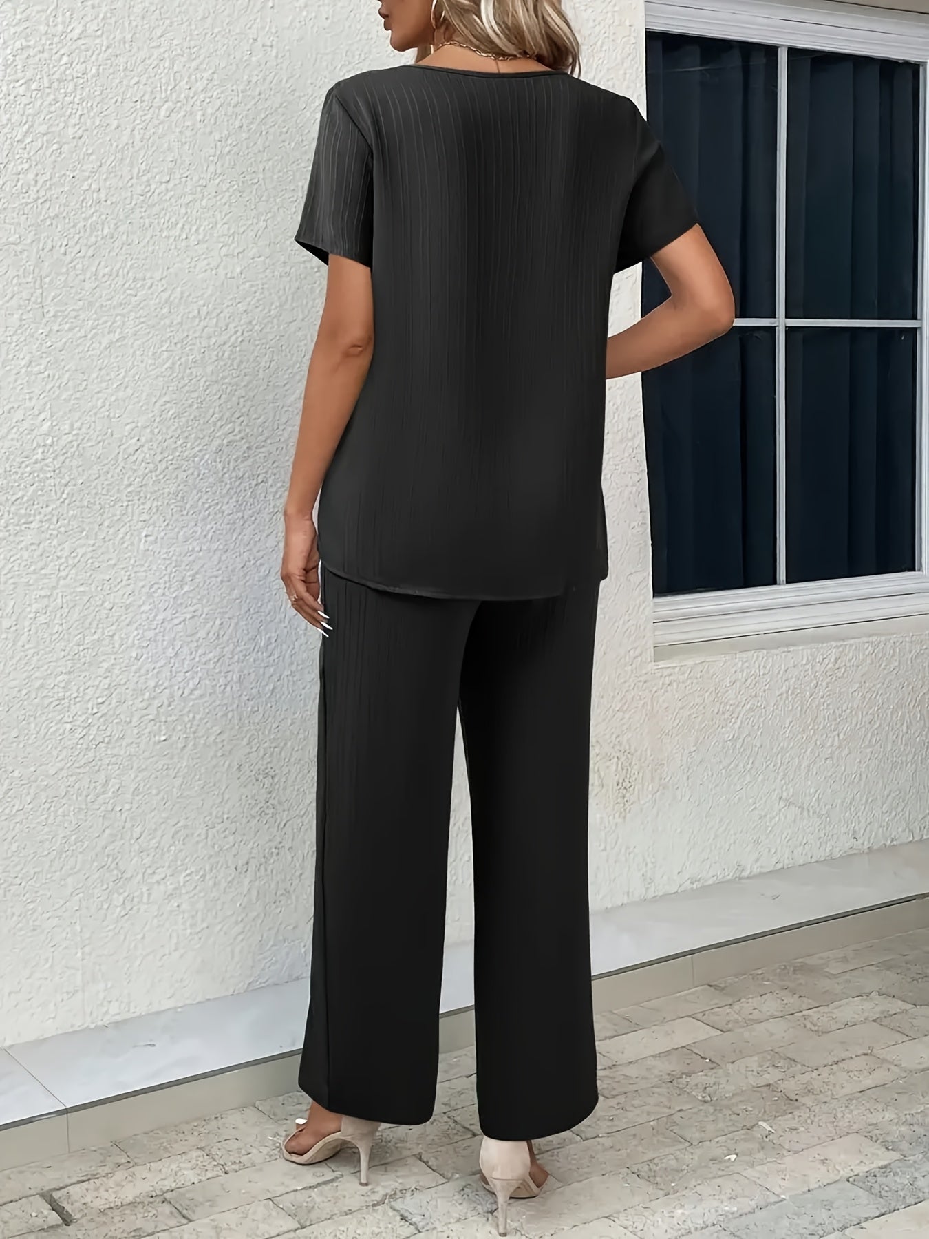 Solid color casual pants set, asymmetrical hem round neck short sleeve top and pants set, Women's clothing