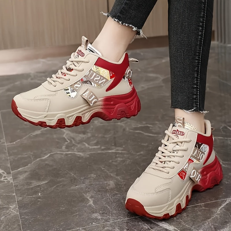 Women's Chunky Platform Sneakers - High-Top Lace-Up Shoes with Cushioned PVC Sole, Beige/White/, Synthetic Cover Upper - All-Season Outdoor, Casual, Office Shoes for Everyday & Formal Outfits - Lightweight Thick Platform Foot