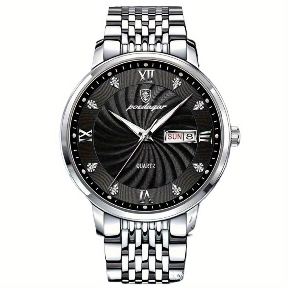 POEDAGAR Men's Luxury Retro Calendar Watch with Blue Dial, Date & Day Display, Quartz Movement, Stainless Steel Band - Perfect Gift for Students & Professionals, Student Wristwatch | Retro Wristwatch | Decorative Dial