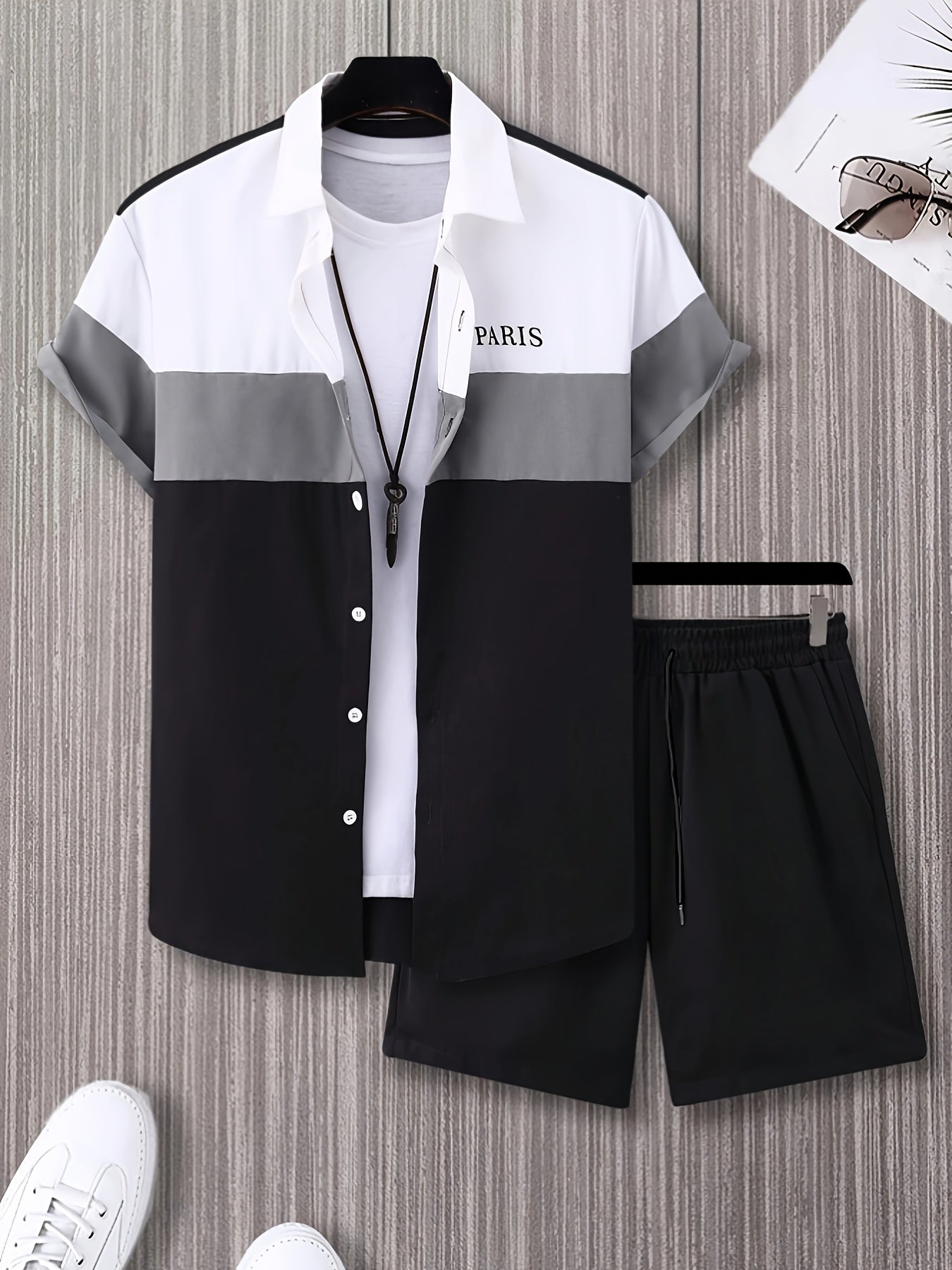 Men'S Letter Color Block Short Sleeve Shirt Shorts Casual Suit 2pcs Set