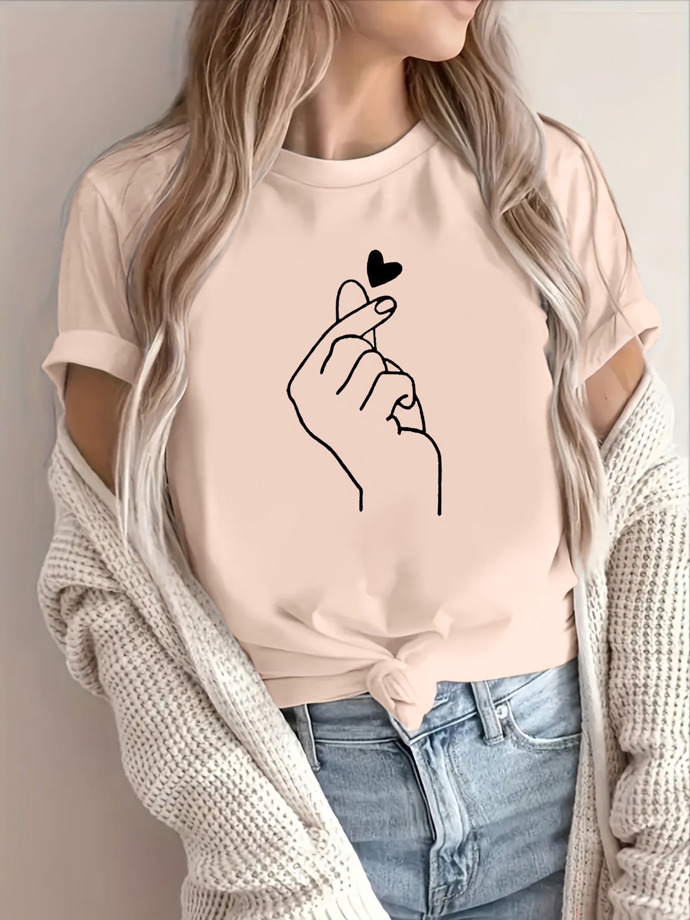 Finger Heart Print T-Shirt, Short Sleeve Crew Neck Casual Top For Summer & Spring, Women's Clothing