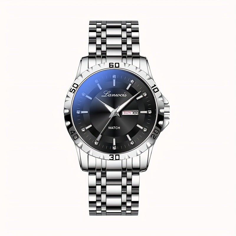 1pc Men's Business Style Stainless Steel Strap Watch - IPX7 Waterproof, Luminous Hands & Dial, Calendar & Week Display, Quartz Movement, Travel Leisure Sports Watch with Gift Box, Luxury Wristwatch | Sleek Metallic Finish | D