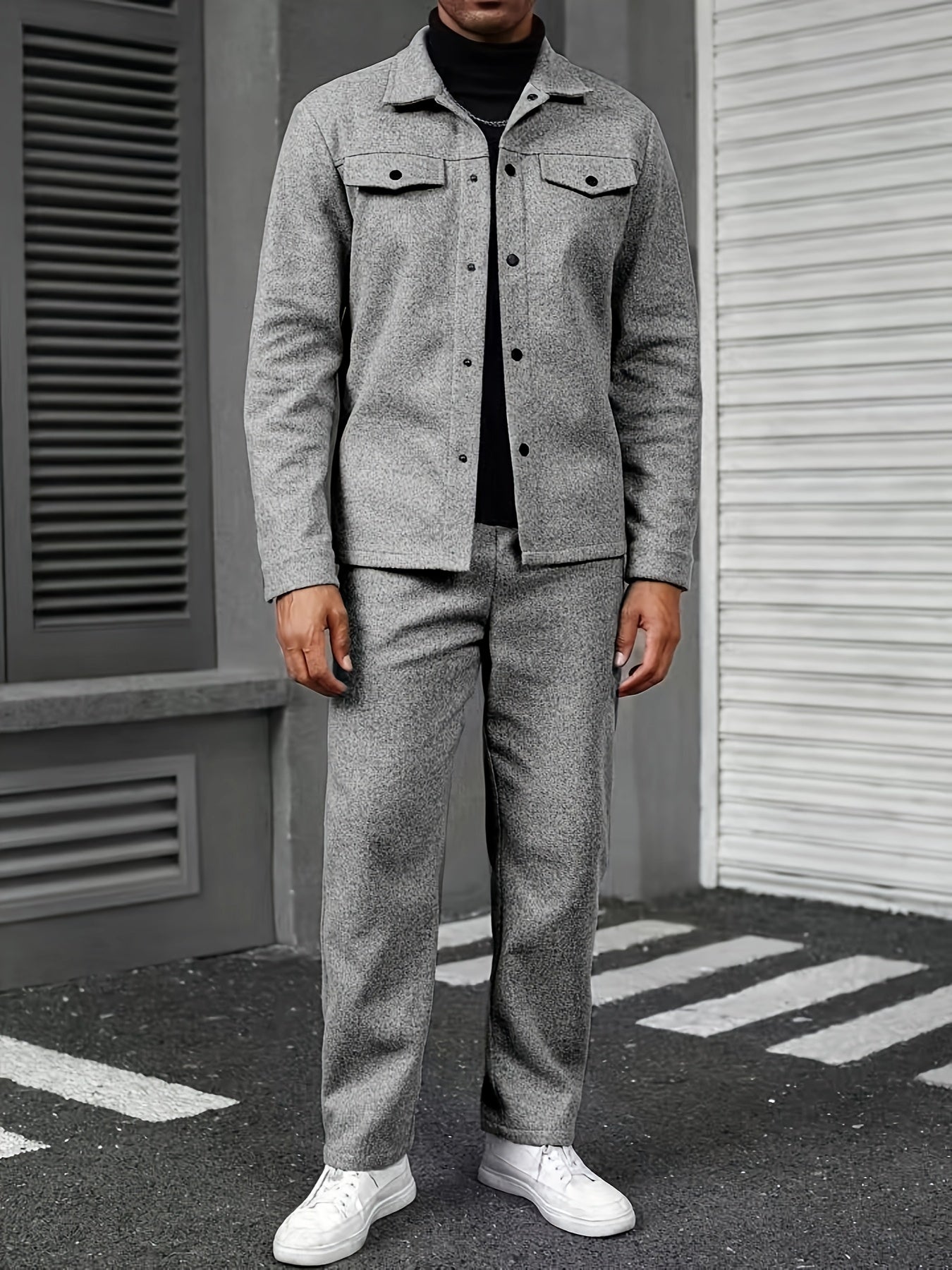 Men'S Two-Piece Casual Outfit - Black Button-Up Shirt & Pants, Long Sleeve, Loose Fit, Non-Stretch Fabric, Perfect for Spring/Fall, Casual Attire|Relaxed Fit|Buttonup Shirt