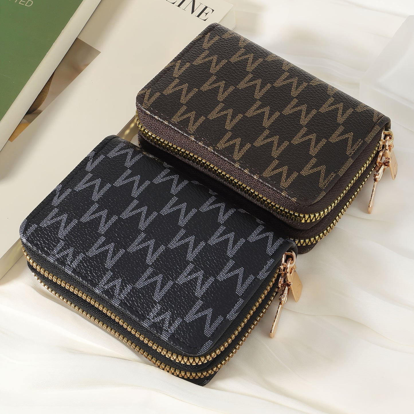 New Retro Printed Women's Minimalist Short Wallet With Double Zippers Around, Fashionable Coin Wallet, Credit Card Storage Bag, Simple And Casual Multi Card Holder