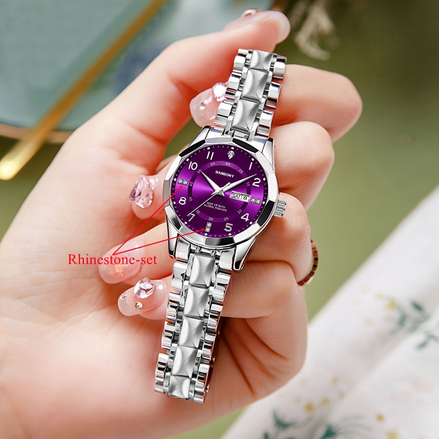 Banbony Women'S Quartz Watch - Luxury IPX7 Waterproof Stainless Steel Strap, Luminous Display, Rhinestone Accents, Date & Night Light, Minimalist Black Dial, Perfect Gift for Women, Casual Timepiece, Elegant Timepiece, Highqu