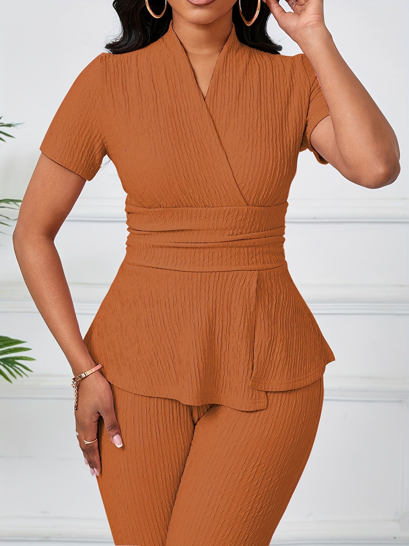 Ready-To-Wear Women'S Elegant Casual Solid Color Textured Pants Set