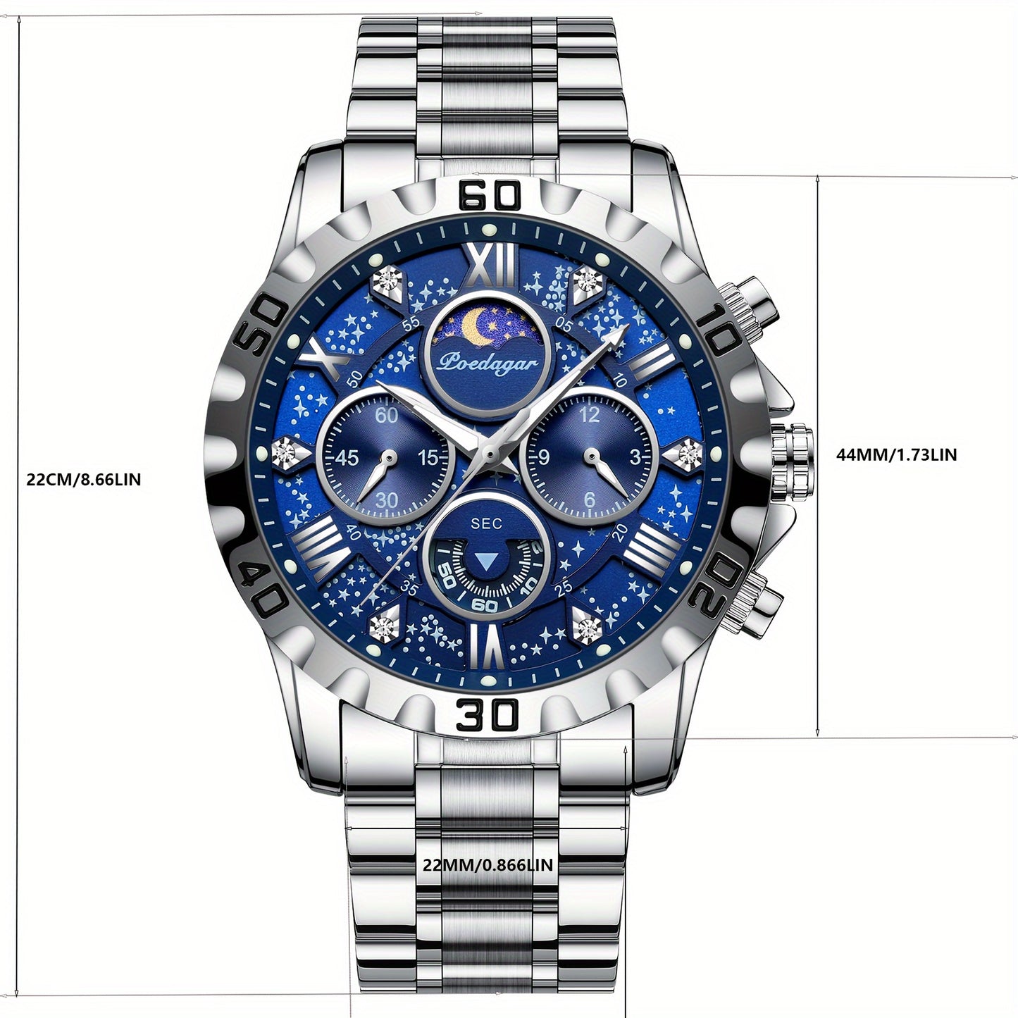 POEDAGAR Men'S Luxury Stainless Steel Quartz Watch with Moon Phase and Calendar - Waterproof, Night-Glow Hands, and Detailed Dial for Business and Formal Attire, Formal Watch | Detailed Watch Face | Quartz Movement