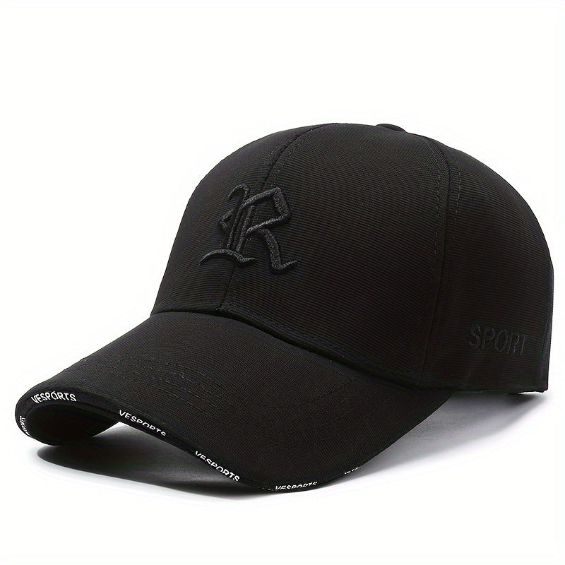 "R" Embroidered Baseball Cap - Sleek Black Dad Hat with Curved Brim, Comfortable & Breathable, Ideal for Outdoor Activities, One Size Fits All