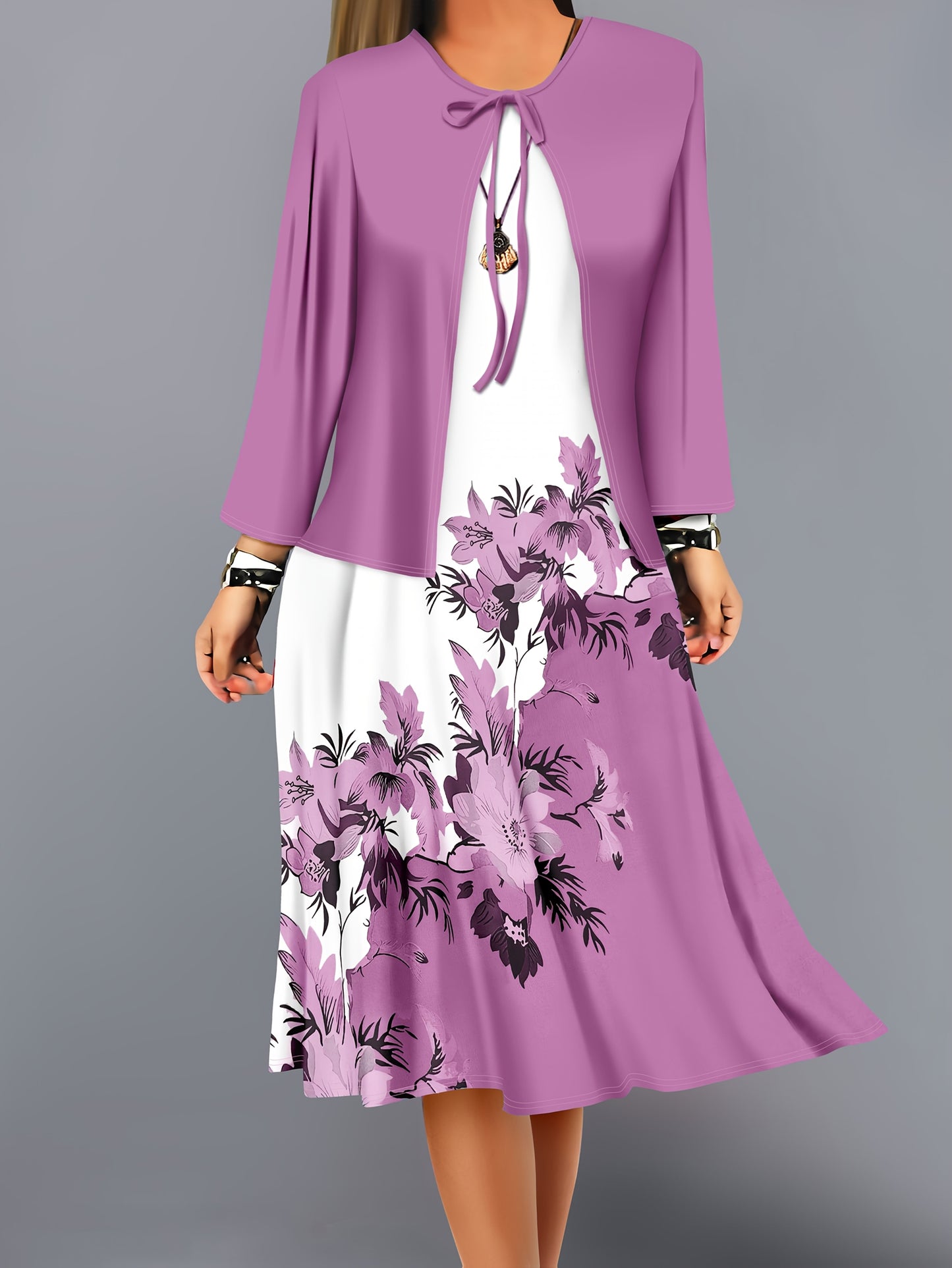 Fashion Women's solid color small cardigan and floral print patchwork dress two-piece set