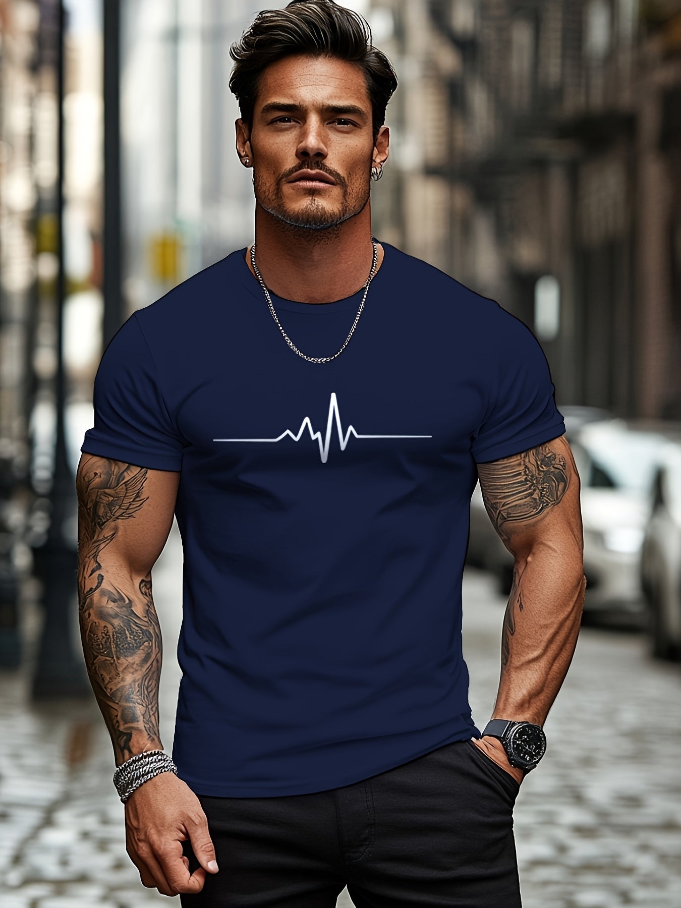 Men'S Brown T-Shirt with ECG Heartbeat Graphic - Casual Streetwear, Short Sleeve, Round Neck, Stretch Fabric, All-Season Comfort, Casual Streetwear Tee | Round Neck Tshirt | Comfortable Fit