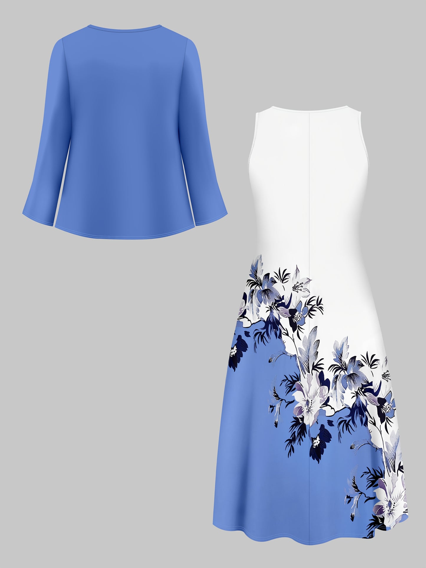Fashion Women's solid color small cardigan and floral print patchwork dress two-piece set