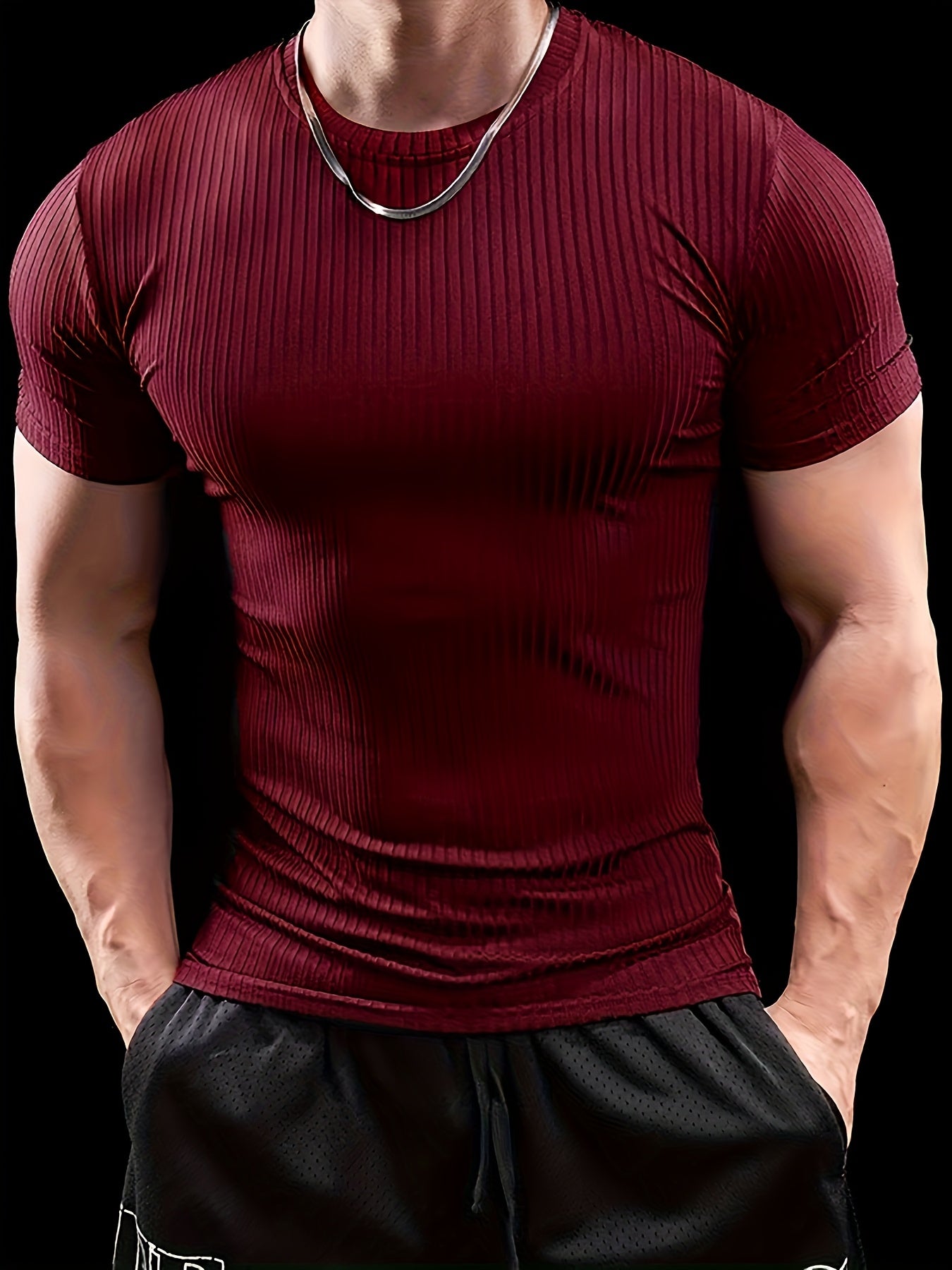 Men's Slim Fit Ribbed Short Sleeve T-Shirt - Stretchy Athletic & Casual Wear, Green, Round Neck, Machine Washable, Muscle-Enhancing Design, Gym Shirts