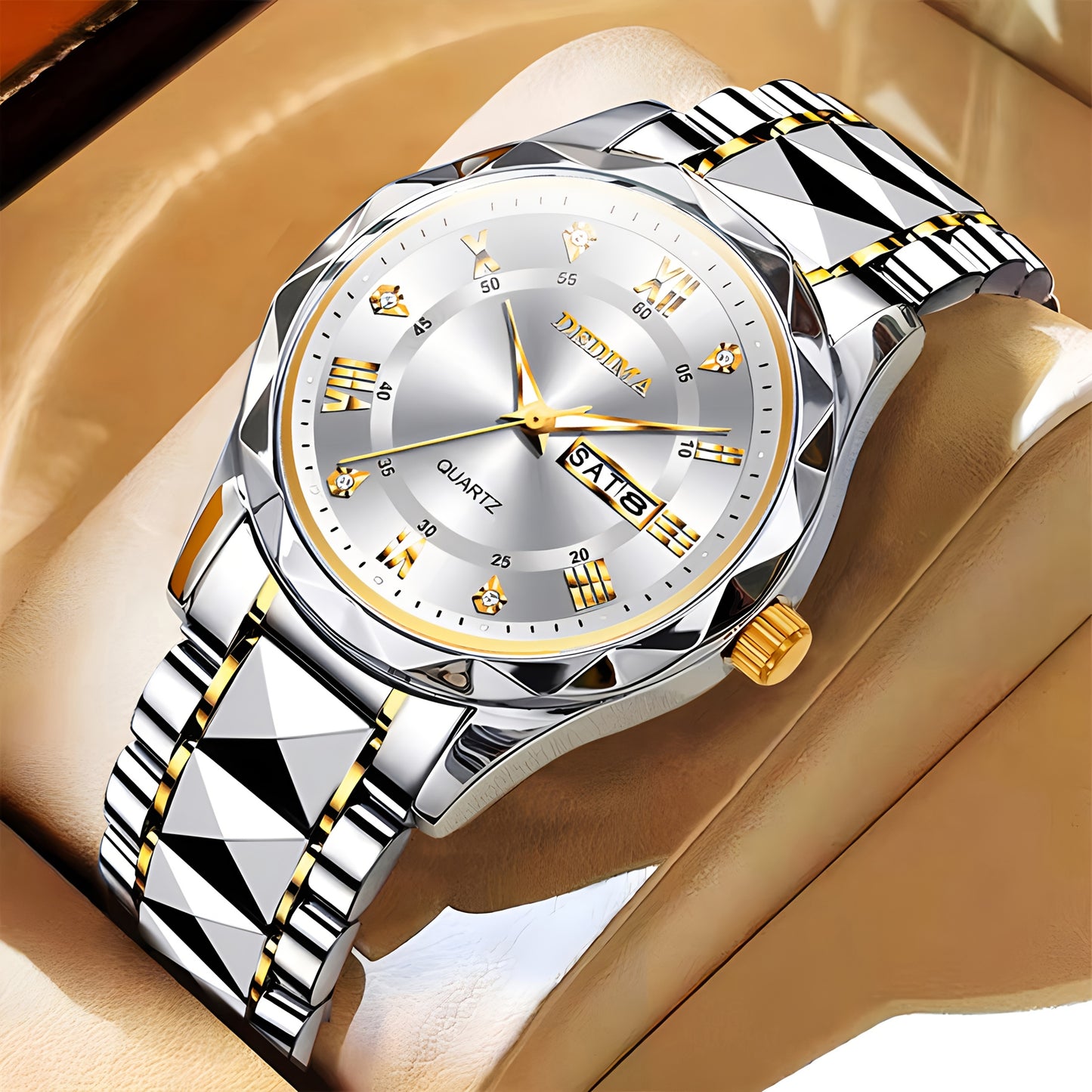 Elegant Men's Stainless Steel Watch with Dual Calendar, Luminous Display & Rhinestone Accents - Perfect for Business or Casual Wear