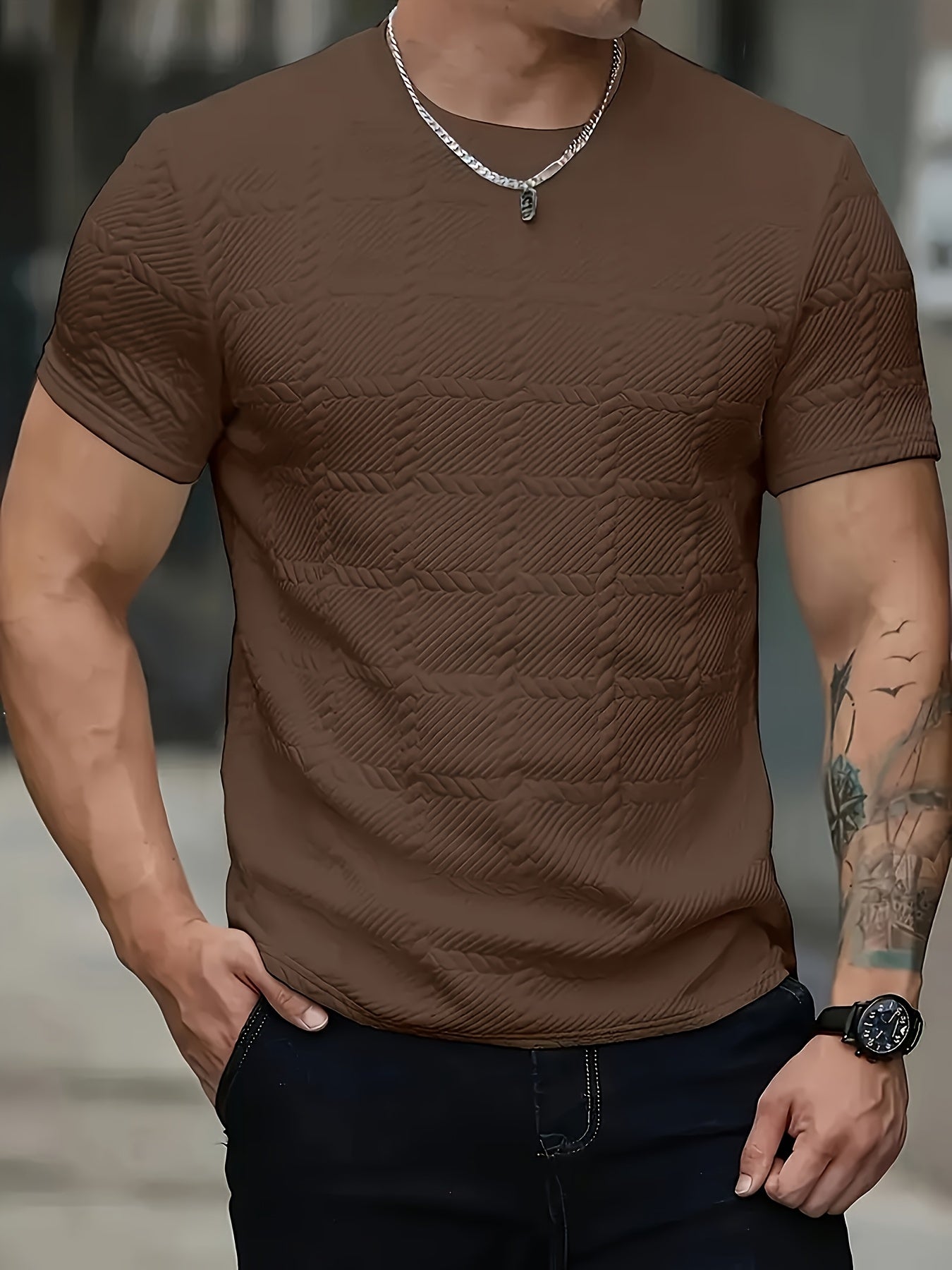 Men'S Casual Jacquard Knit Short-Sleeve T-Shirt - Featuring a Stylish Geometric Pattern, Round Neck, Comfortable for All Seasons, Perfect for Casual Wear.