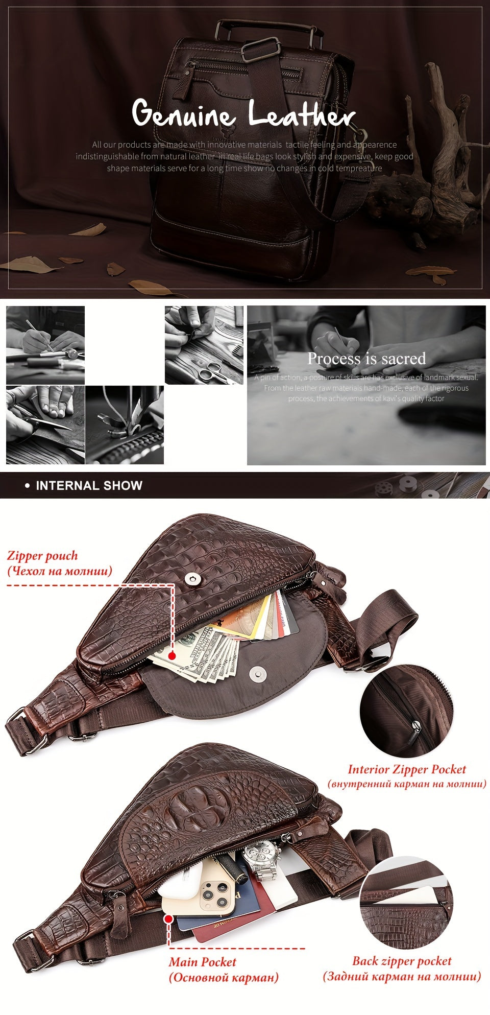 HUMERPAUL Men'S Casual Brown Leather Crossbody Bag with Alligator Print - Adjustable Strap, Multi-Compartment, Everyday Commute Shoulder Bag, Everyday Bag | Casual Style Bag | Adjustable Strap Bag
